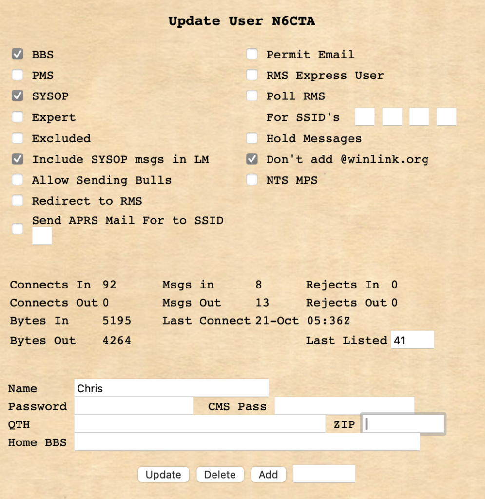 
(screenshot of user config with BBS, SYSOP, "include SYSOP msgs in LM", and "don't add @winlink.org" checked)