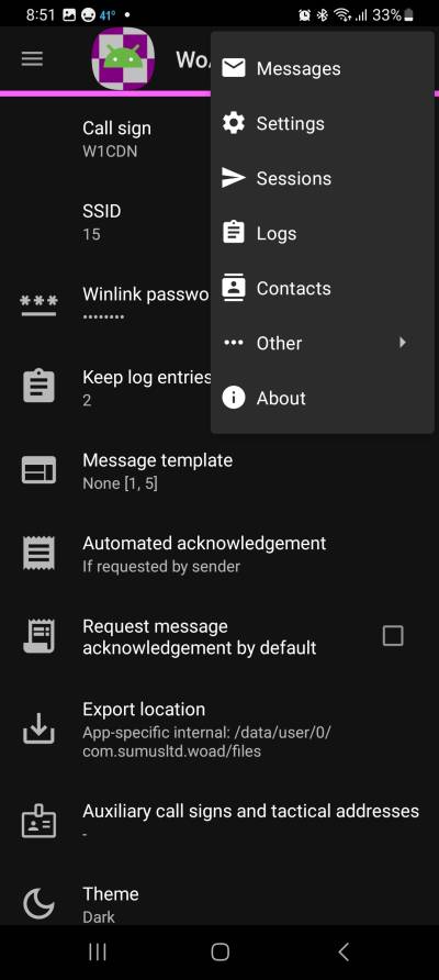 Screenshot showing an open menu with these items: Messages, Settings, Sessions, Logs, Contacts, Other, About