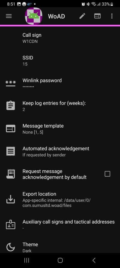 Screenshot showing these settings you can change: Call sign, SSID, Winlink password, Keep log entries for (weeks):, Message template, Automated acknowledgement, Request message acknowledgement by default, Export location, Auxiliary call signs and tactical addresses, Theme