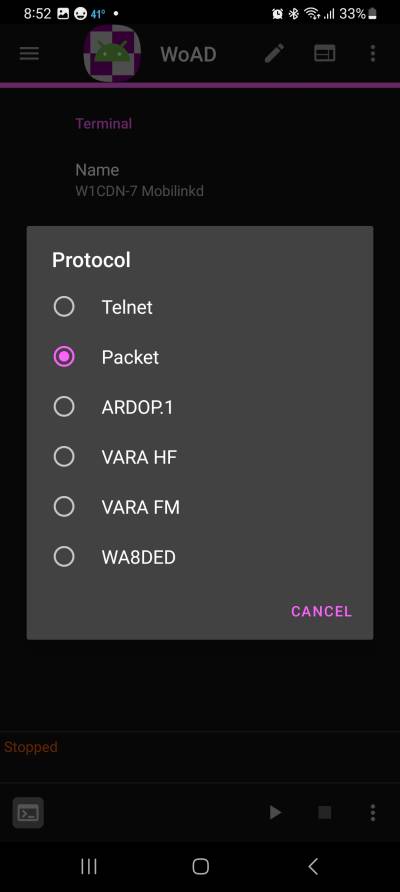 Screenshot showing these options for Protocol: Telnet, Packet, ARDOP.1, VARA HF, VARA FM, WA8DED