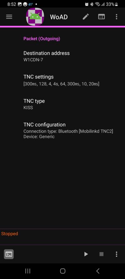 Screenshot showing these settings for Packet (Outgoing): Destination address, TNC settings, TNC type, TNC configuration