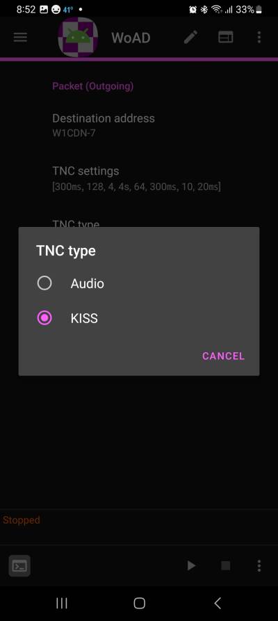 Screenshot showing these options for TNC type: Audio, KISS