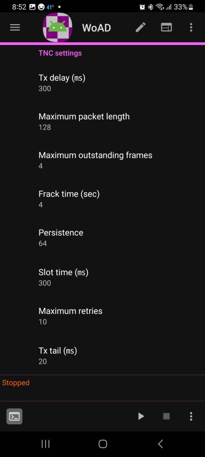 Screenshot showing these settings for TNC settings: Tx delay (ms), Maximum packet length, Maximum outstanding frames, Frack time (sec), Persistence, Slot time (ms), Maximum retries, Tx tail (ms)