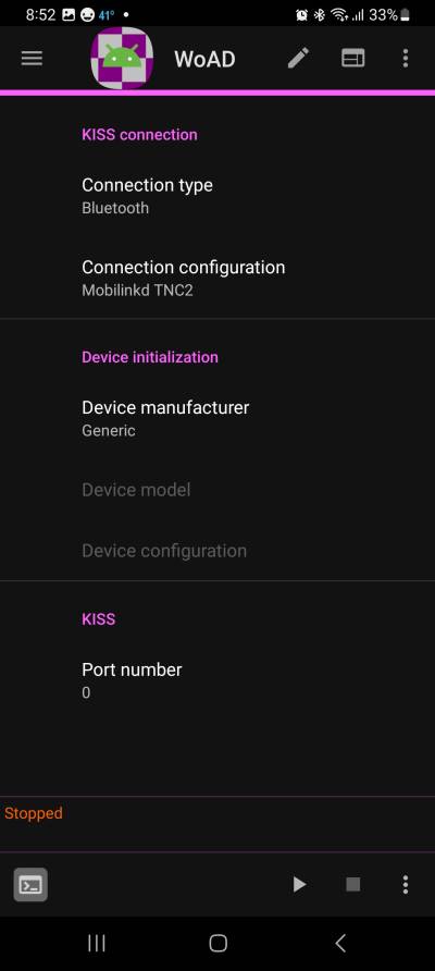 Screenshot showing these settings for KISS connection: Connection type, Connection configuration; Device initialization: Device manufacturer, Device model, Device configuration; KISS: Port number