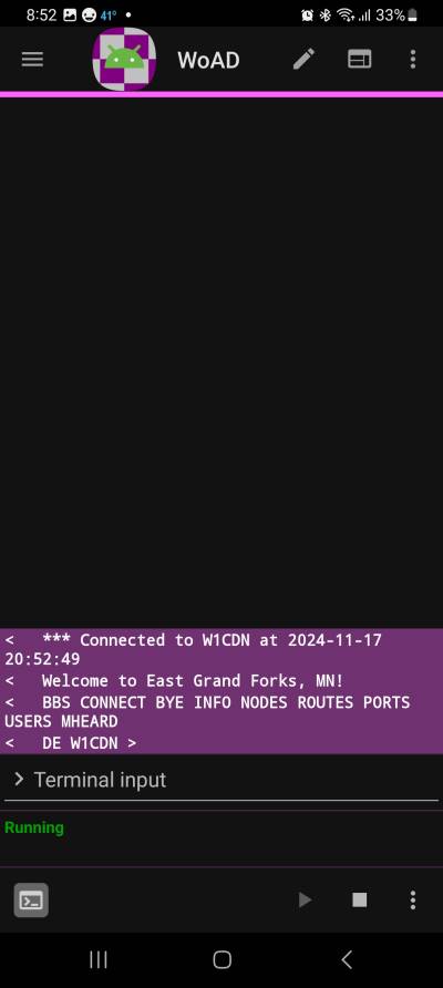 Screenshot showing received text: *** < Connected to W1CDN at 2024-11-17 20:52:49 < Welcome to East Grand Forks, MN! < BBS CONNECT BYE INFO NODES ROUTES PORTS USERS MHEARD < DE W1CDN > 